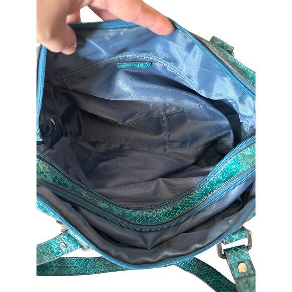 Teal Faux Snake Skin Handbag With Polished Silver Hardware & Dual Top Handles - Picture 9 of 12